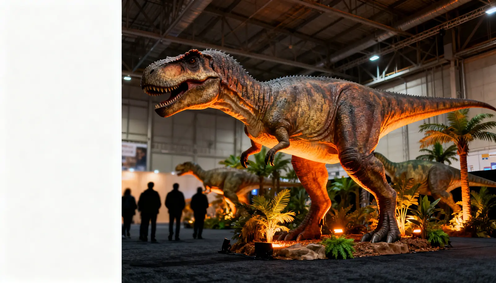 Ambiente de una exposición de dinosaurios animatrónicos a tamaño real en un pabellón