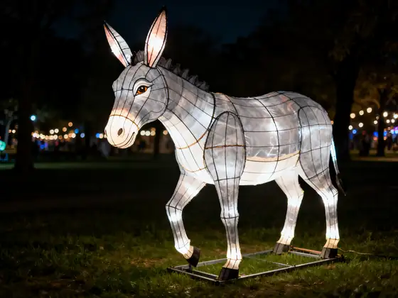 Burro luminoso LED a tamaño real iluminado en un parque nocturno